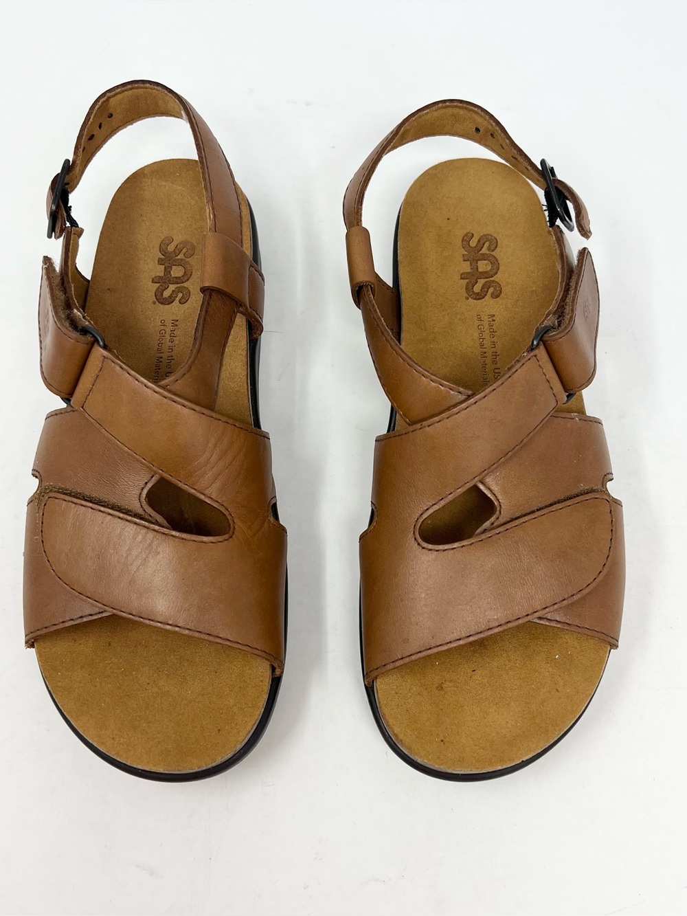 SAS Huggy All Day Leather Sandals in Caramel Leather Adjustable Strap 7.5 Narrow